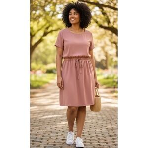 (F-186)32° Cool Women’s Pink Dress Size L Short Sleeve‎ Drawstring Waist Pockets